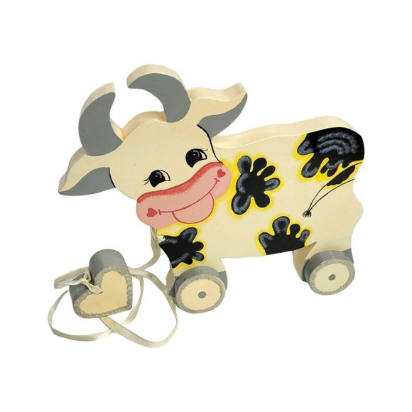 Unbranded Other - Folk Art Smiling Wooden Cow Toy Heart Pull 8" Length Off White Gray